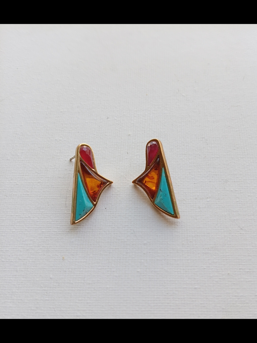 Barse Gold-Tone Tri-Panel Inlay Stud Earrings - Turquoise, Amber & Carnelian